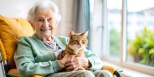 An elderly resident in conversation with family members and a nurse in a comfortable living room setting.