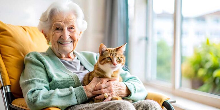An elderly resident in conversation with family members and a nurse in a comfortable living room setting.